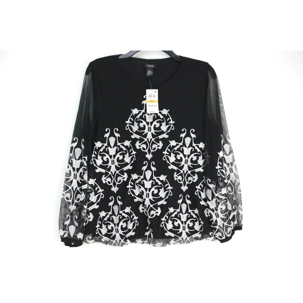 Alfani Blouse Womens Small Black White NWT Damask Embroidered Mesh Top 7N726